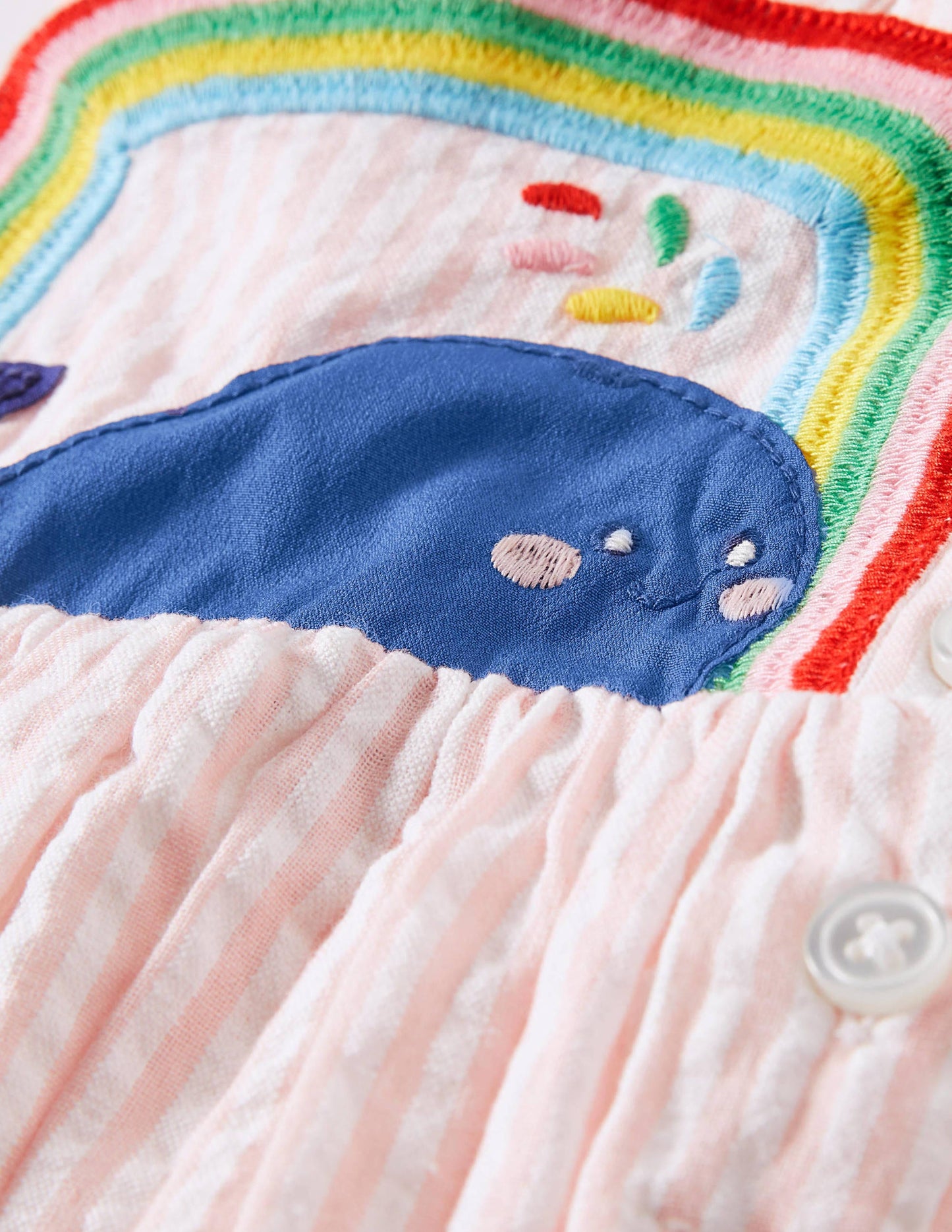 Appliqué Whale Woven Romper-Ivory/Pink Ticking Whale