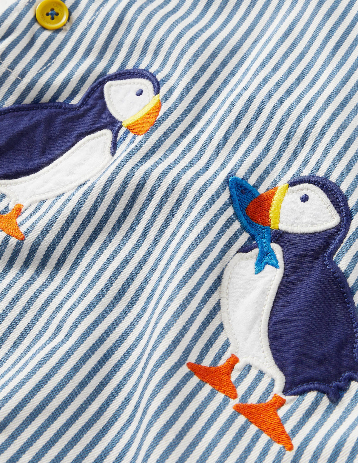 Appliqué Woven Romper-Ivory/Elizabethan Blue Puffins