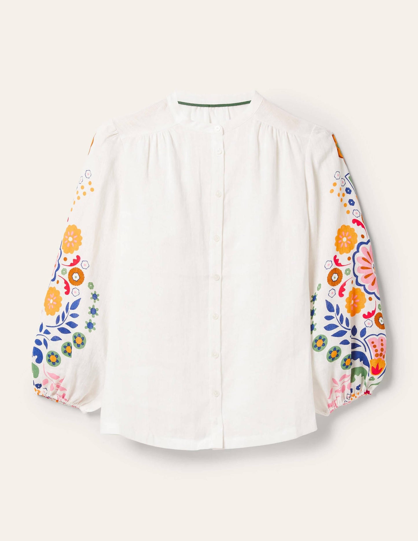 Becky Full Sleeve Linen Blouse-Ivory, Opulent Garden