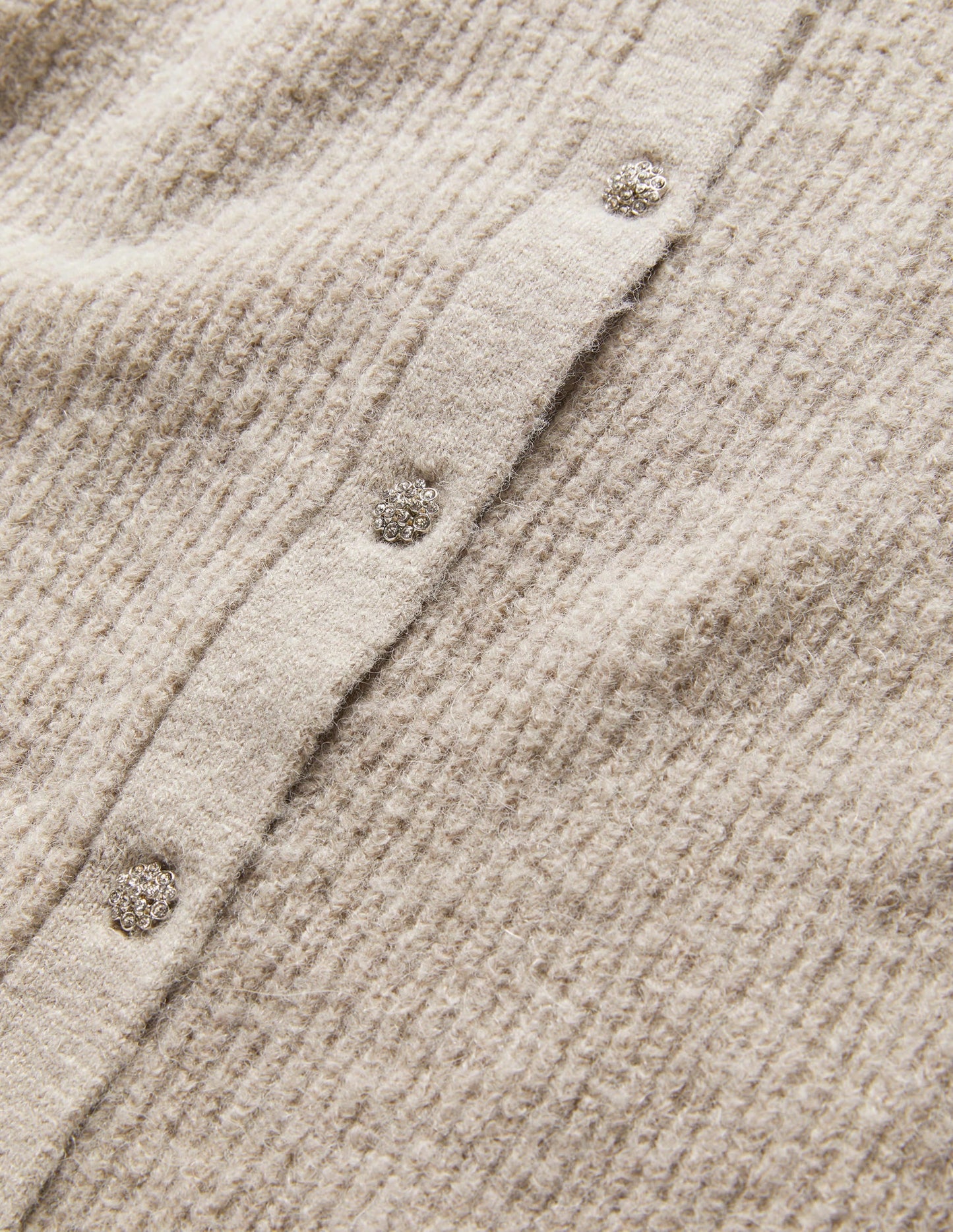 Beige Jewel Button Fluffy Cardigan-Mink Melange