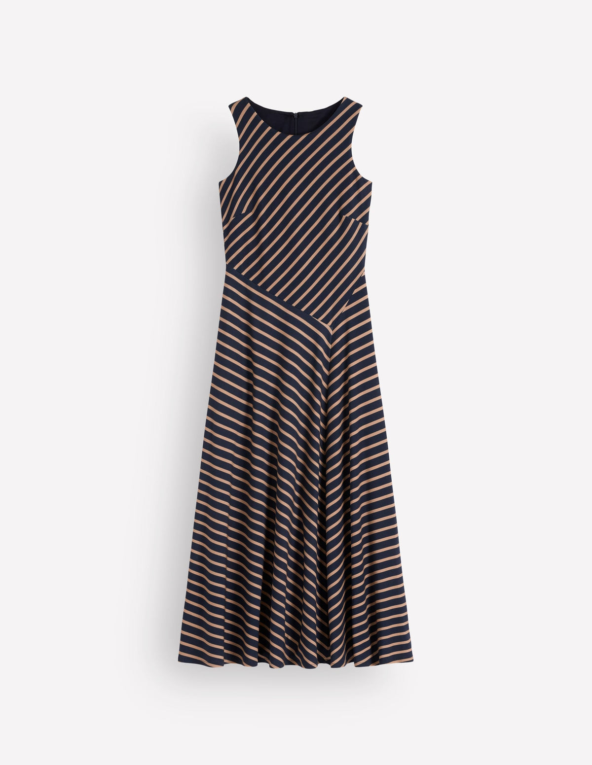 Asymetric Ponte Midi Dress-Navy and Camel Stripe