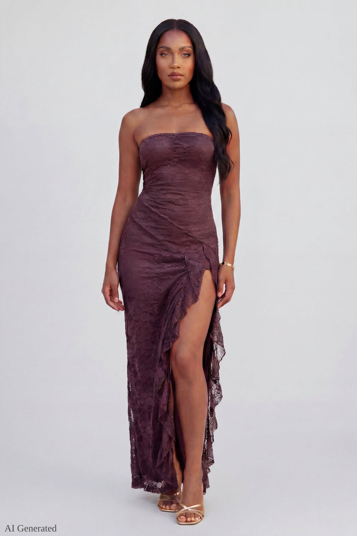 Lace Ruffle Strapless Maxi Dress