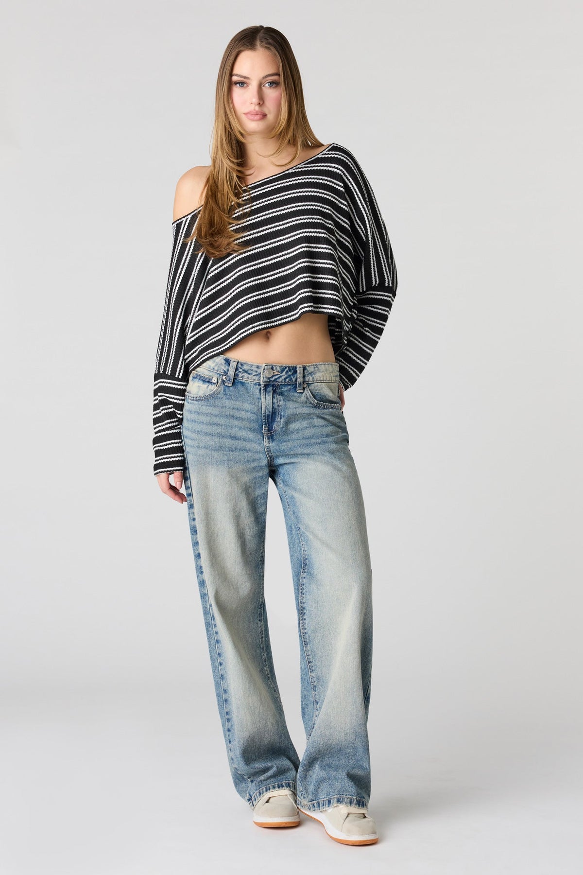 Textured Striped Off Shoulder Long Sleeve Top