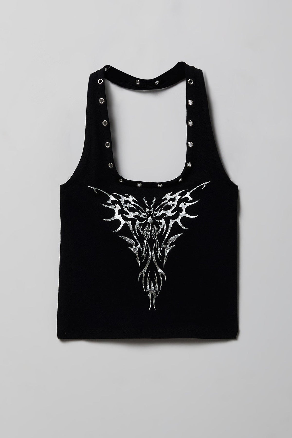 Graphic Grommet Trim Halter Top