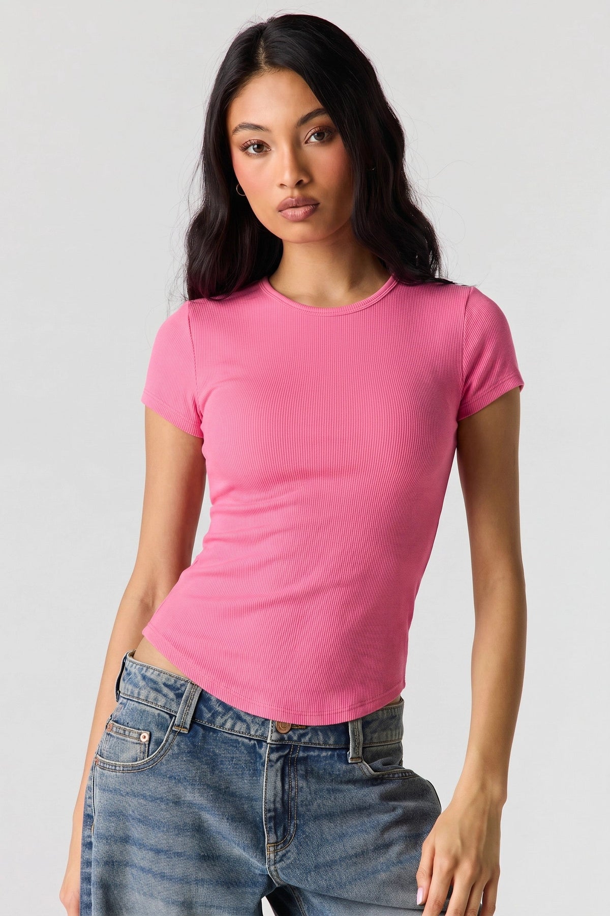Ribbed Curved Hem T-Shirt