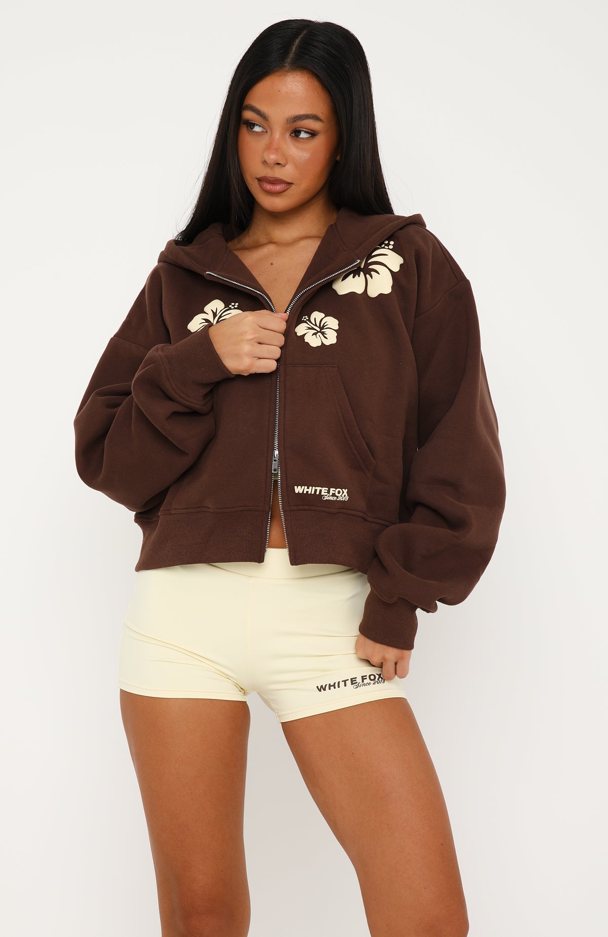 Come Catch Me Boxy Zip Front Hoodie Chocolate