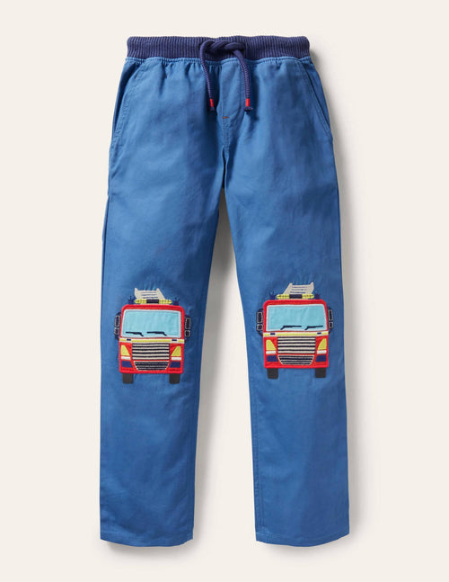 Appliqué Pull-on Pants-Elizabethan Blue Fire Engine