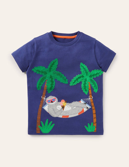 Appliqué Dude T-shirt-Starboard Blue Sloth