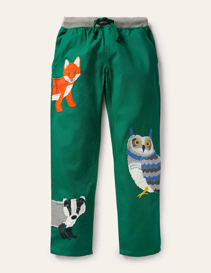 Appliqué Pull-on Pants-Forest Green Woodland