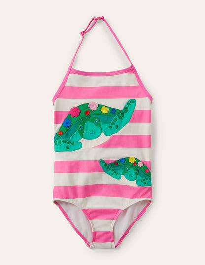 Appliqué Swimsuit-Sweet Pink/ Ivory Turtles