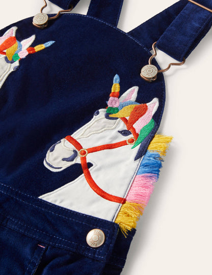 Appliqué Velvet Overalls-Starboard Blue Unicorns