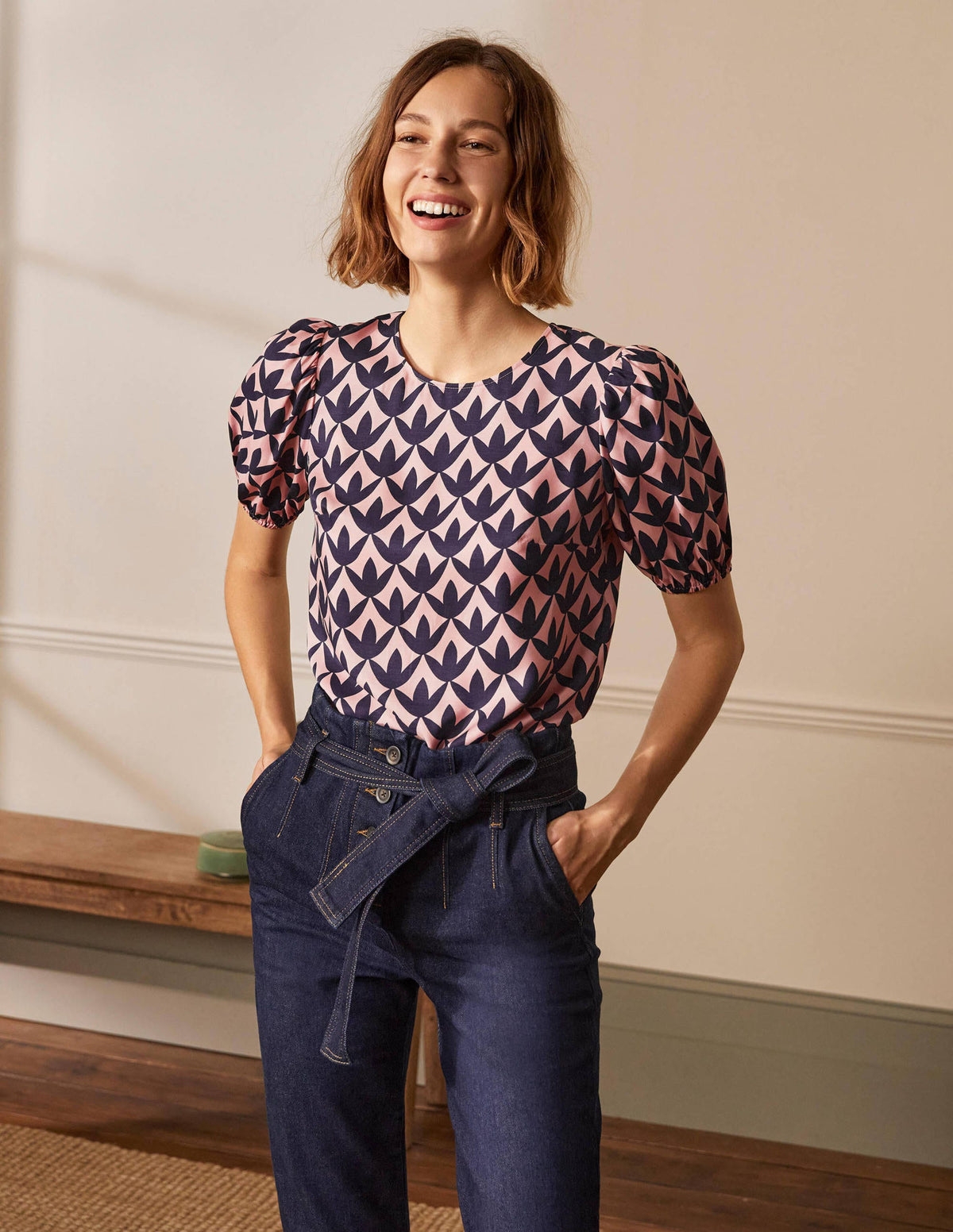 Adriana Puff Sleeve Top-Milkshake, Petal Geo