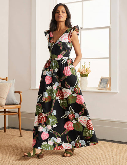 Andrea Frill Sleeve Maxi Dress-Black, Holiday Tropic