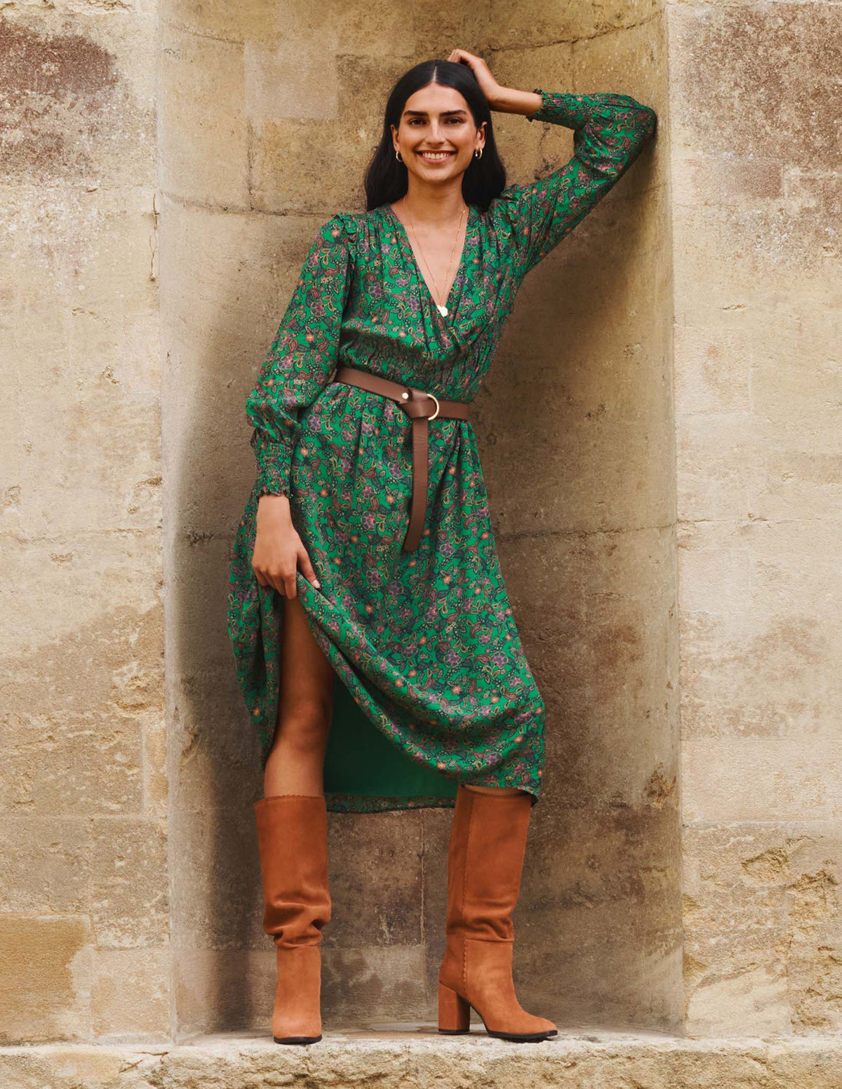 Becky Midi Wrap Dress-Highland Green, Exotic Floral
