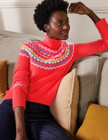 Anna Cashmere Sweater-Coral Fair Isle