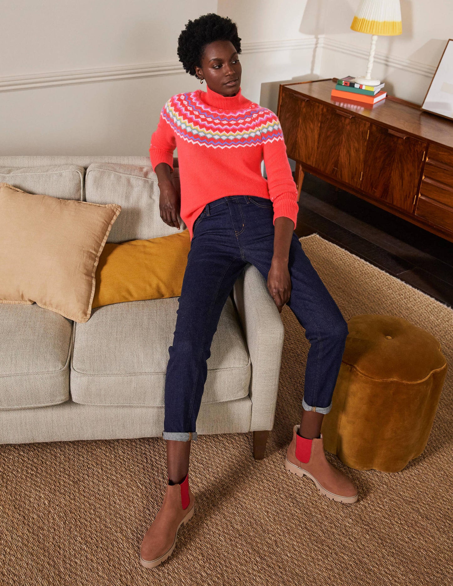 Anna Cashmere Sweater-Coral Fair Isle