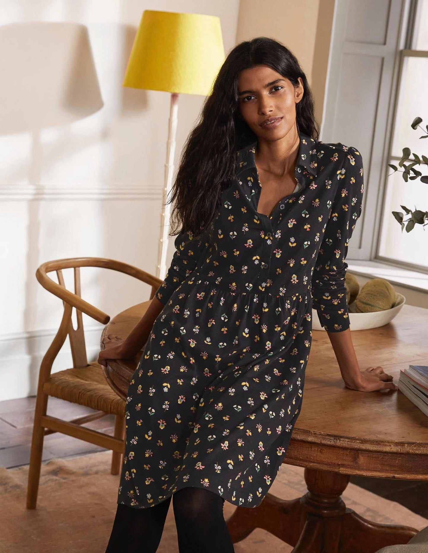 Alma Jersey Shirt Dress-Black, Dainty Floral