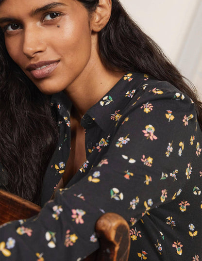 Alma Jersey Shirt Dress-Black, Dainty Floral