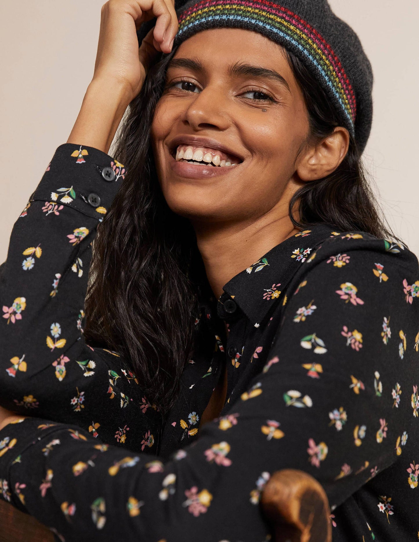 Alma Jersey Shirt Dress-Black, Dainty Floral