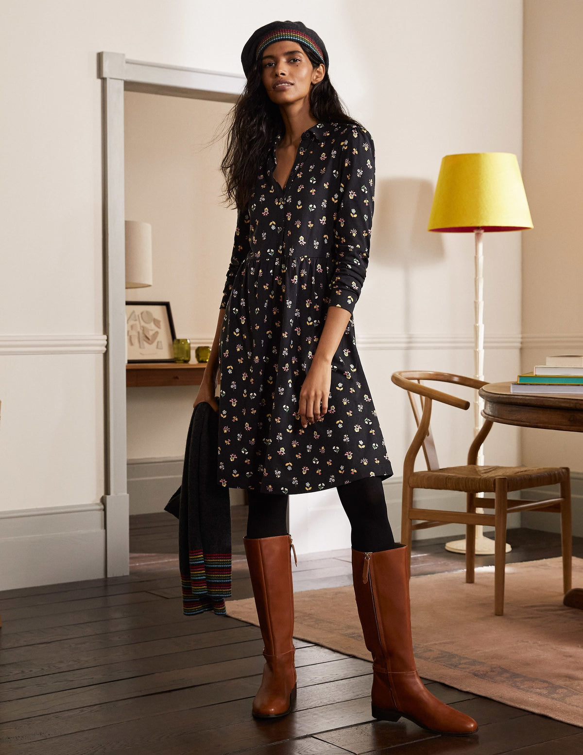 Alma Jersey Shirt Dress-Black, Dainty Floral