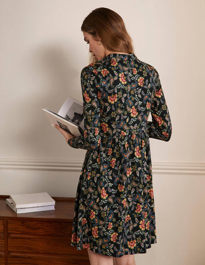 Alma Jersey Shirt Dress-Black, Exotic Floral