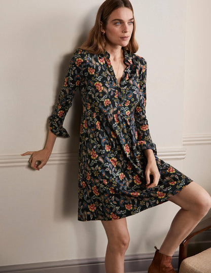Alma Jersey Shirt Dress-Black, Exotic Floral
