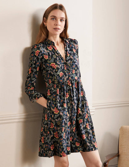 Alma Jersey Shirt Dress-Black, Exotic Floral
