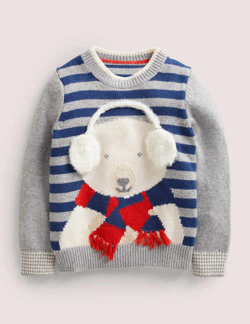3D Polar Bear Sweater-Navy/Grey Stripe Polar Bear