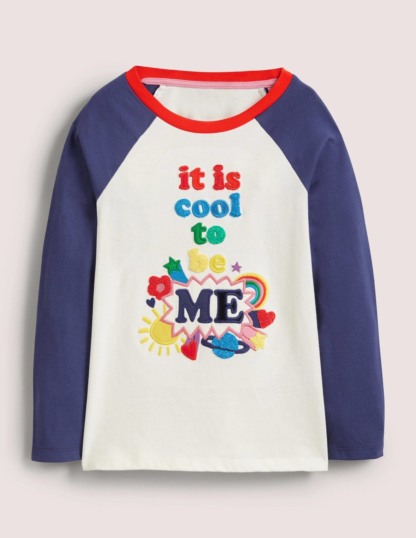 Appliqué Slogan T-Shirt-Ivory/Starboard Blue