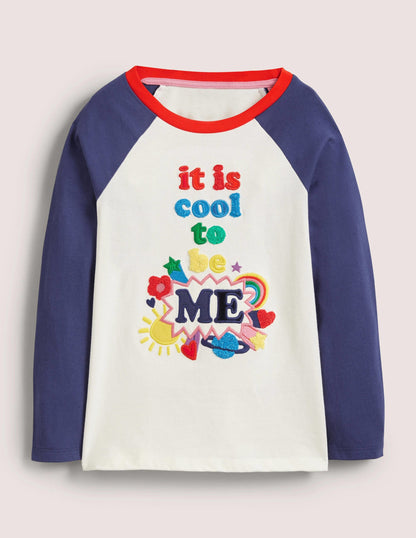 Appliqué Slogan T-Shirt-Ivory/Starboard Blue