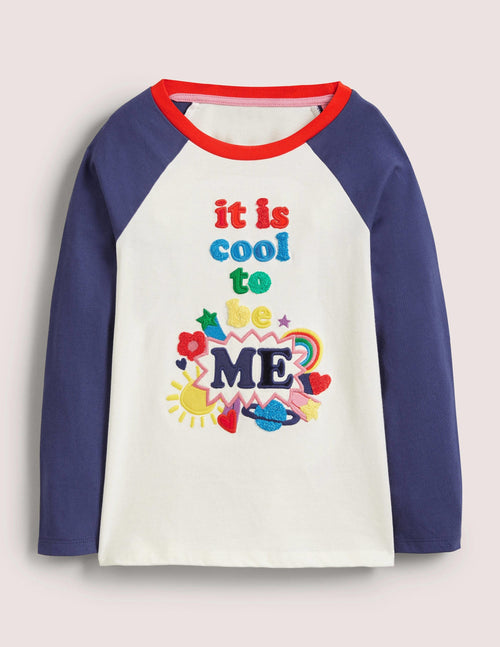 Appliqué Slogan T-Shirt-Ivory/Starboard Blue