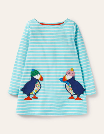 Appliqué Pocket Tunic-Aqua/ Ivory Puffins