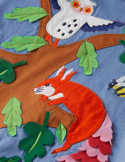 Appliqué Jersey Dress-Riviera Blue Woodland Animals