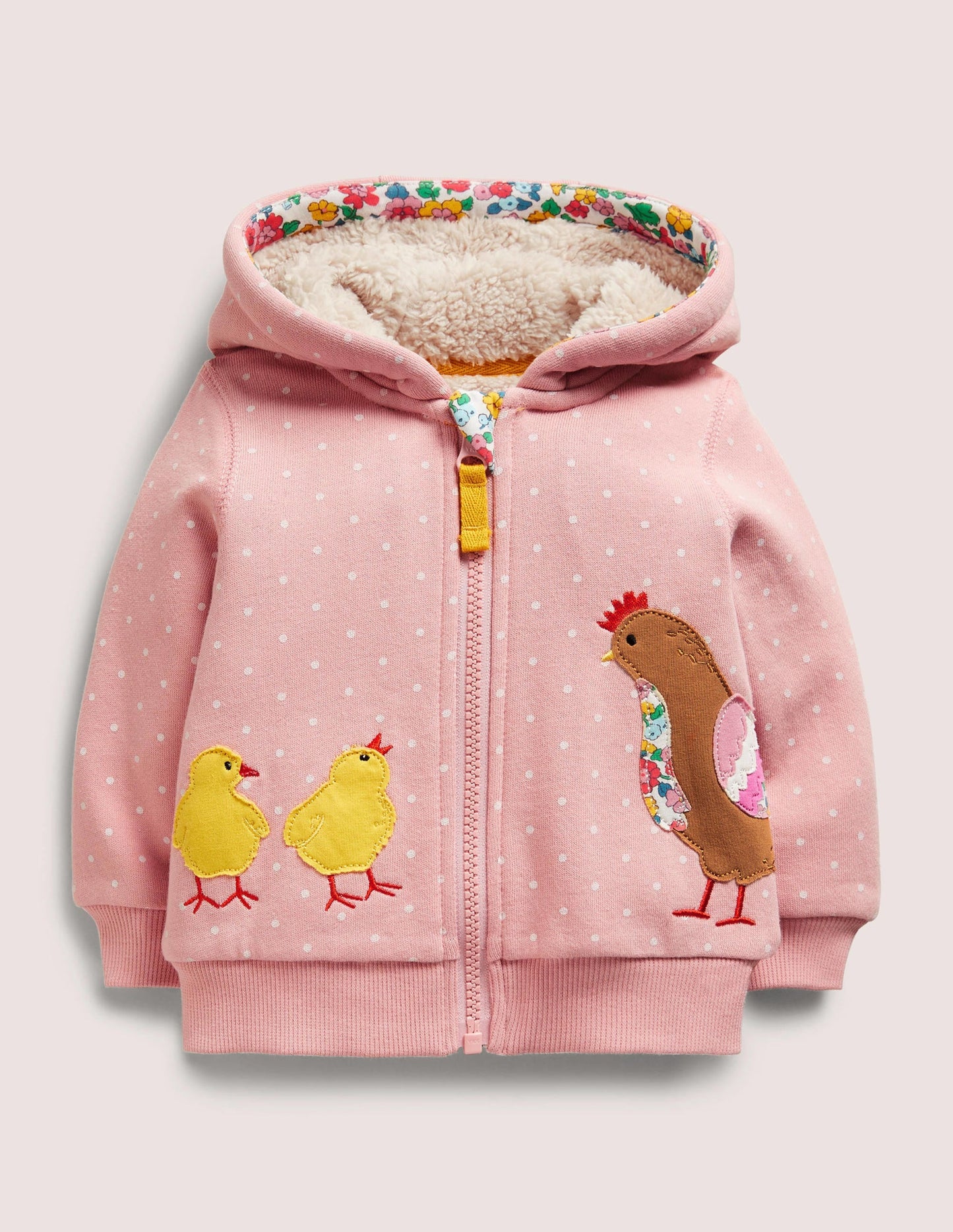 Appliqué Shaggy Hoodie-Boto Pink Chickens