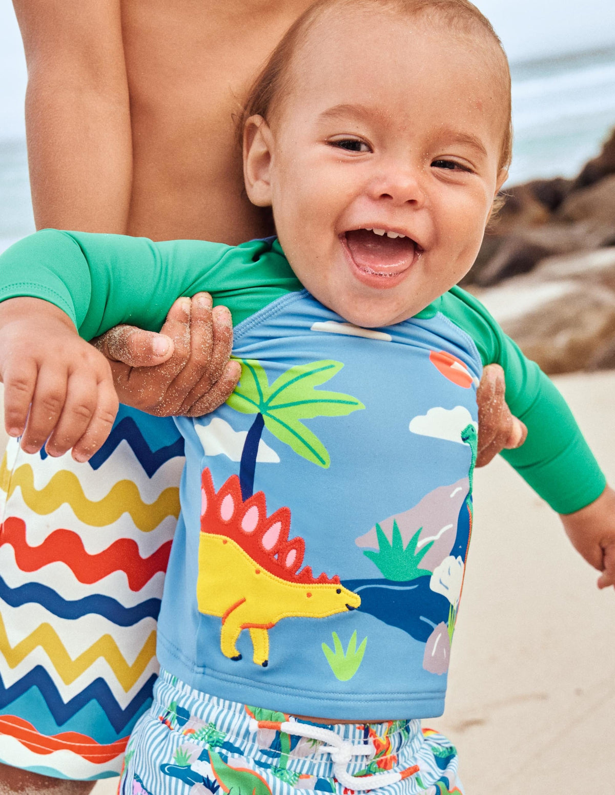 Appliqué Rash Guard-Surfboard Blue Dino Scene