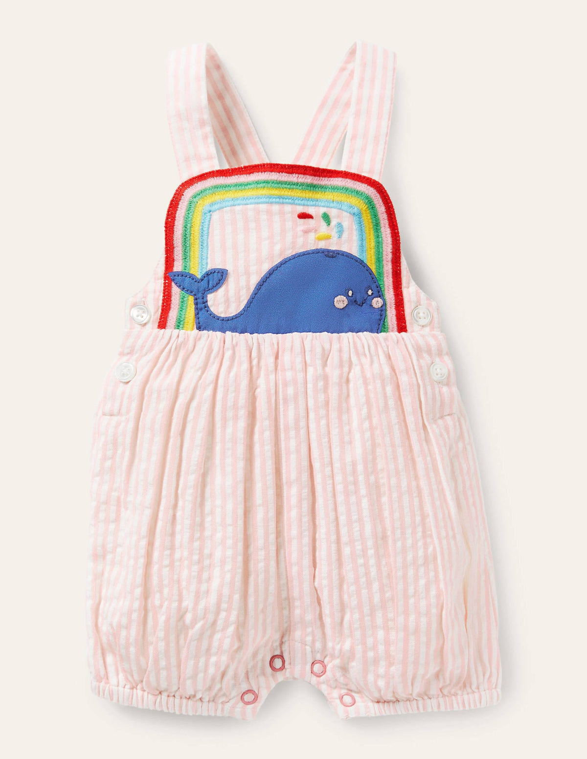 Appliqué Whale Woven Romper-Ivory/Pink Ticking Whale