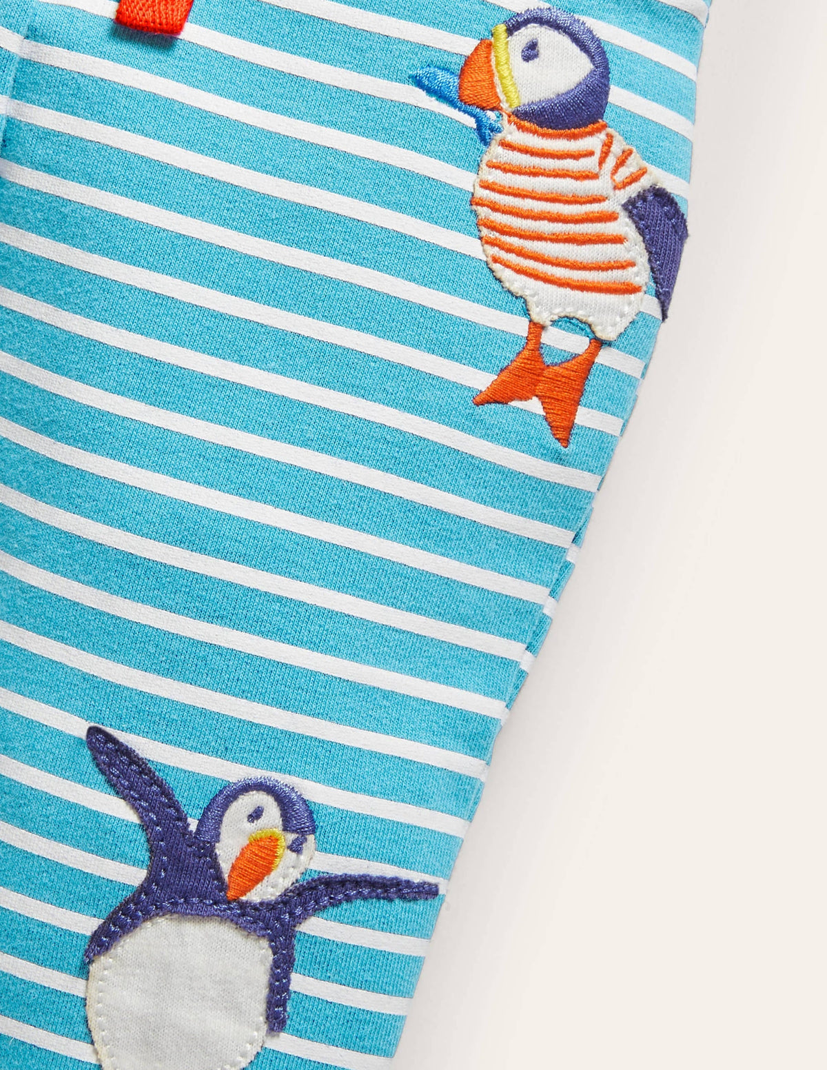 Appliqué Jersey Bottoms-Ivory/Aqua Puffins