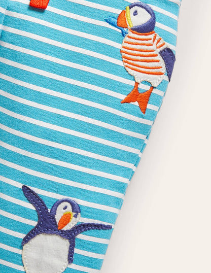 Appliqué Jersey Bottoms-Ivory/Aqua Puffins