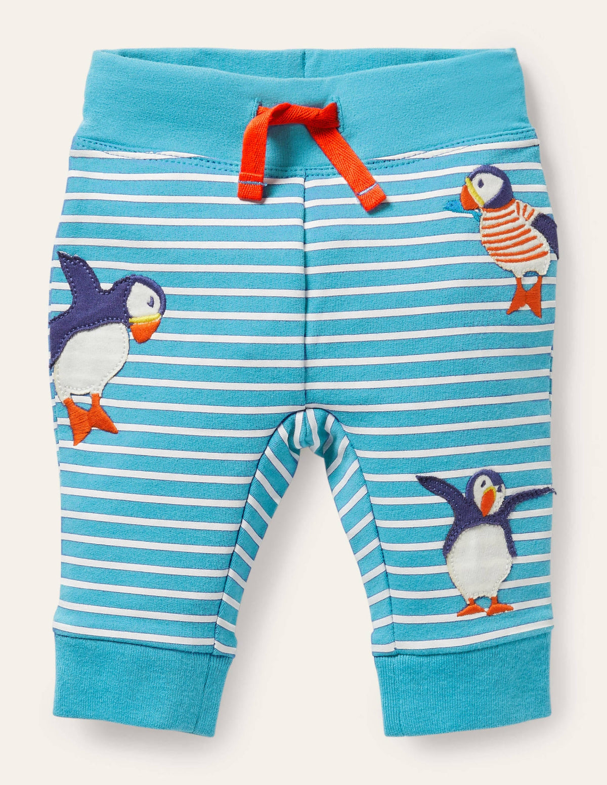 Appliqué Jersey Bottoms-Ivory/Aqua Puffins