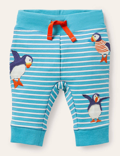 Appliqué Jersey Bottoms-Ivory/Aqua Puffins