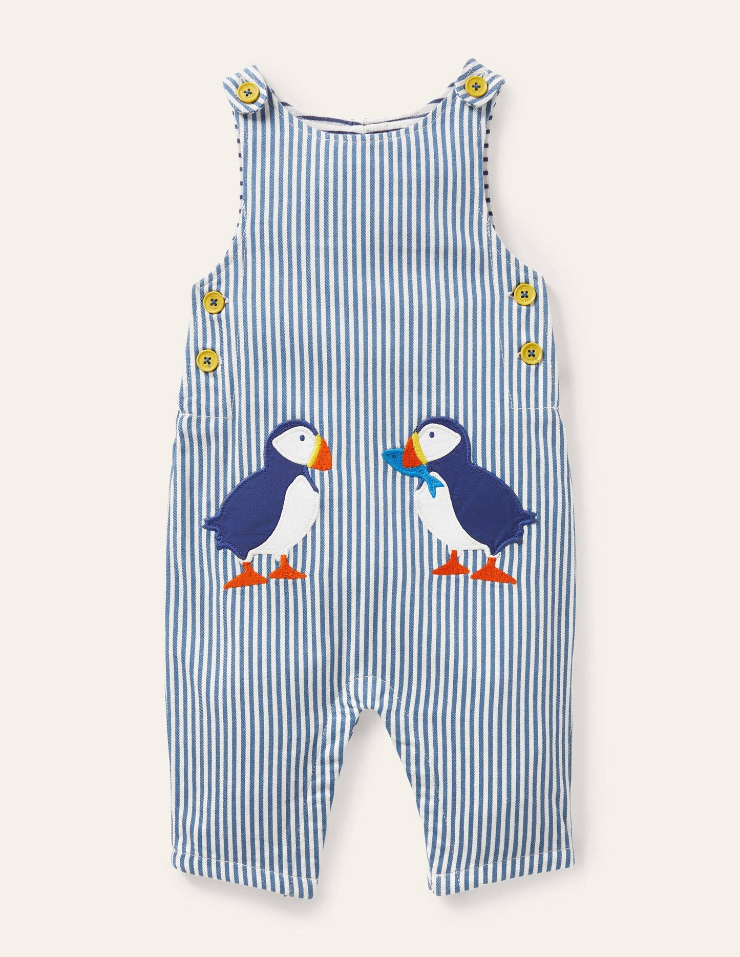 Appliqué Woven Romper-Ivory/Elizabethan Blue Puffins
