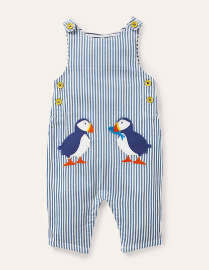Appliqué Woven Romper-Ivory/Elizabethan Blue Puffins