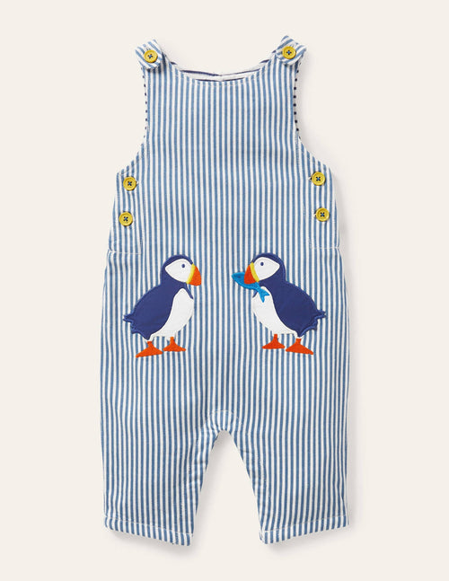 Appliqué Woven Romper-Ivory/Elizabethan Blue Puffins