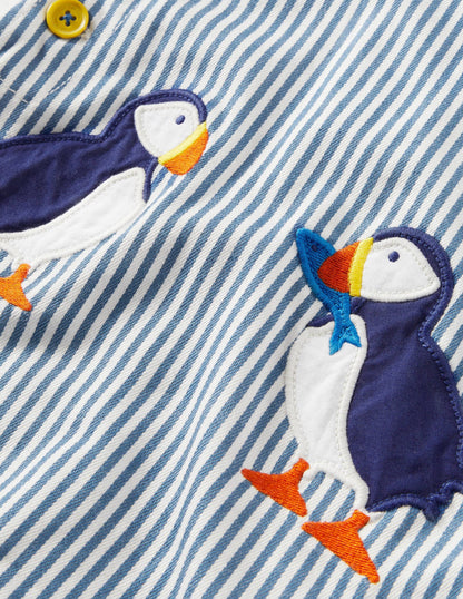 Appliqué Woven Romper-Ivory/Elizabethan Blue Puffins