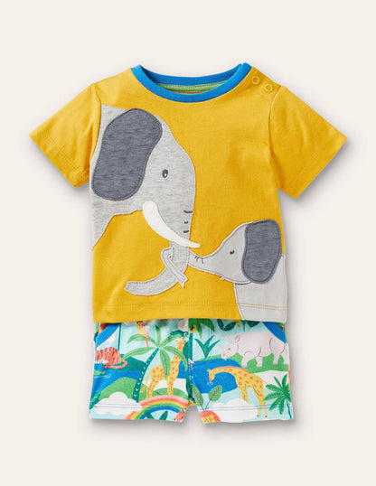 Appliqué T-shirt & Shorts Set-Daffodil Elephants