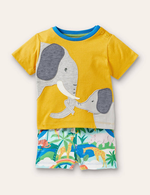 Appliqué T-shirt & Shorts Set-Daffodil Elephants