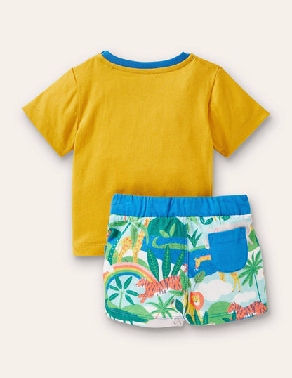 Appliqué T-shirt & Shorts Set-Daffodil Elephants
