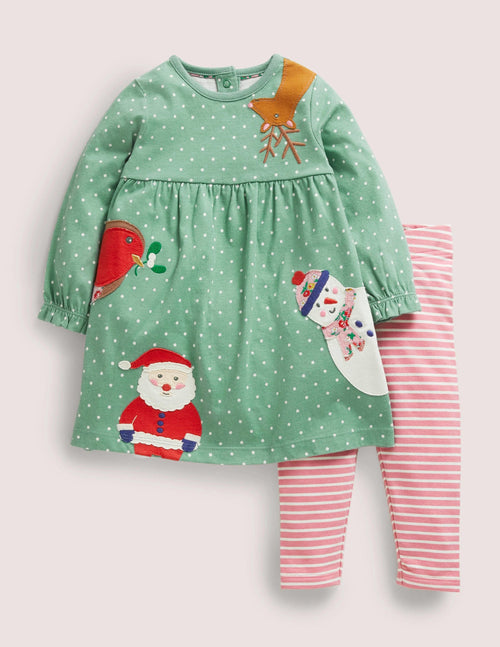 Appliqué Dress and Legging Set-Green Festive Friends