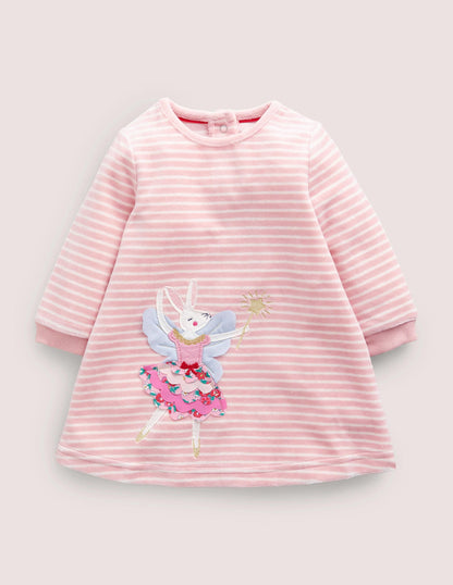 Appliqué Velour Dress-Boto Pink/Ivory Bunny