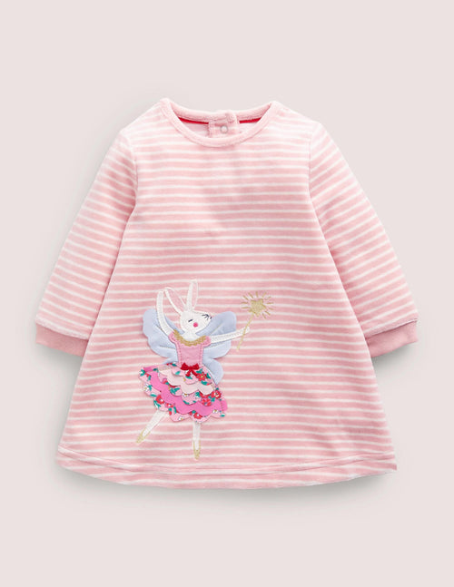 Appliqué Velour Dress-Boto Pink/Ivory Bunny